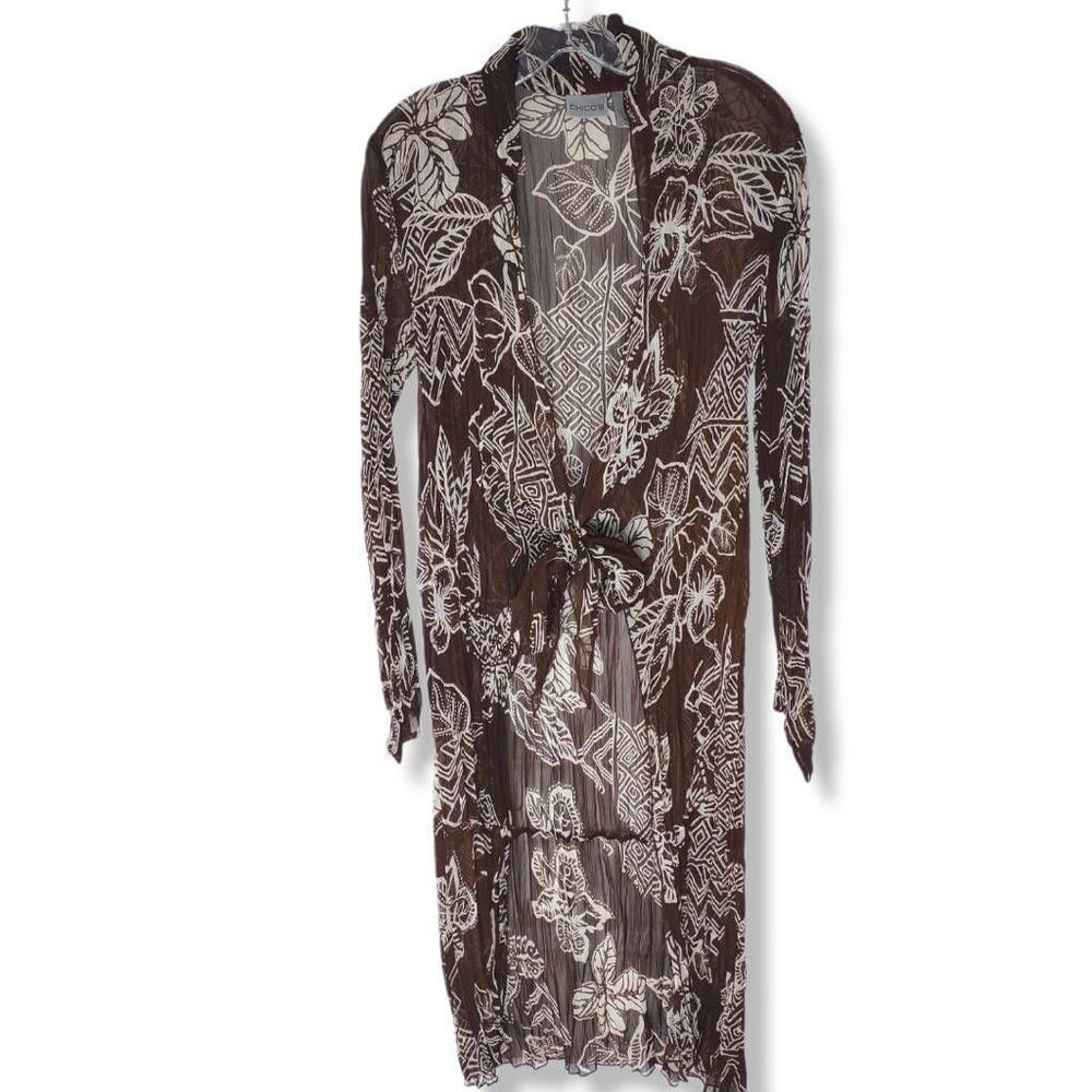 Chico's Brown Coverup Semi Sheer White Design Accordion Pleated LS Open Front Wa